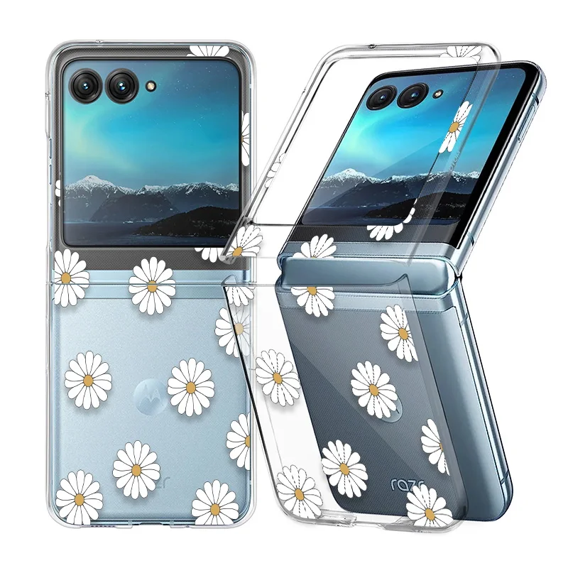 ((a196)razr 40) Capa Dobrável Transparente À Prova De Choque Com Estampa Floral, Capa Rígida Transparente