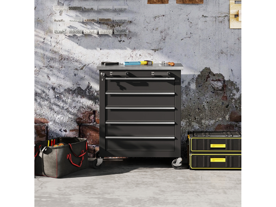5 Drawer Tool Cabinet, Rolling Tool Box, Steel Tool Trolley, Silver Tone+black