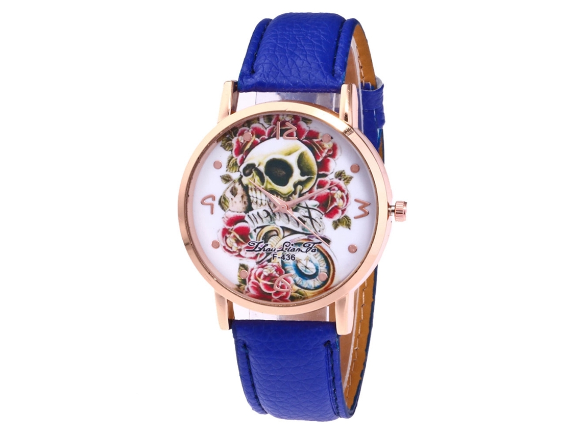 Relógio de casal Zhoulianfa F-436, estampa de caveira, pulseira de couro azul, movimento de quartzo.