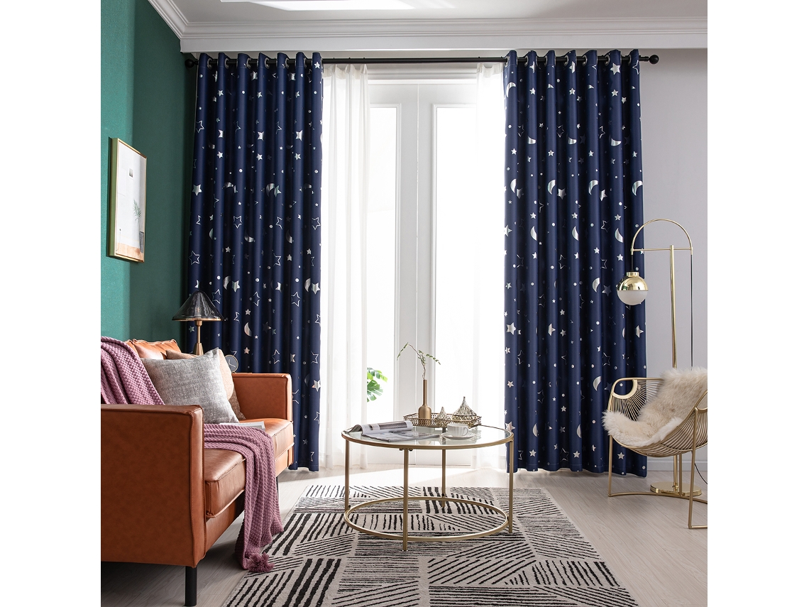Cortina Blackout 2pc Estrelas Lua Quarto Sala Isolante Calor