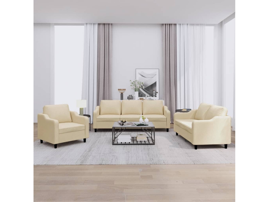 Vidaxl 3 Pcs Conjunto De Sofás Com Almofadões Tecido Cor Creme