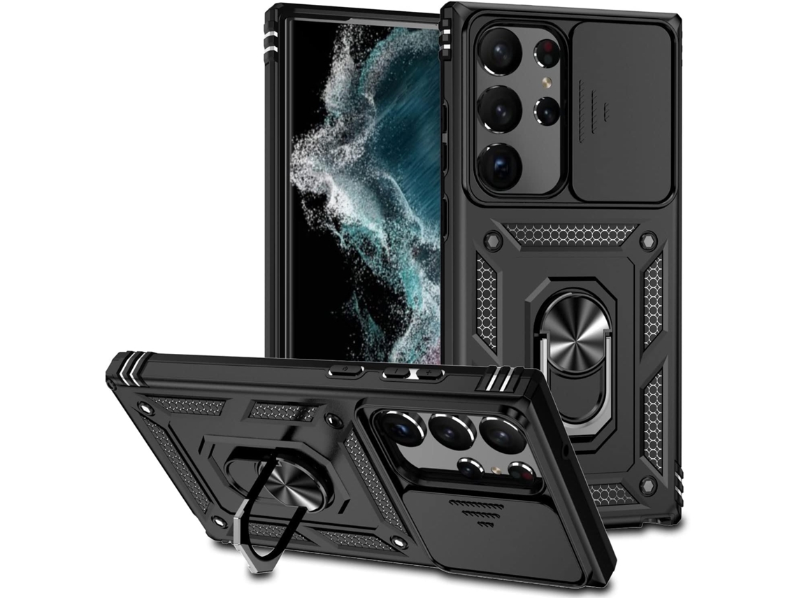 Capa para Samsung Galaxy S23 Ultra com Protetor de Câmera, Suporte Integrado, Proteção Reforçada Contra Impactos, Padrão Militar, Preta. AEUZWR