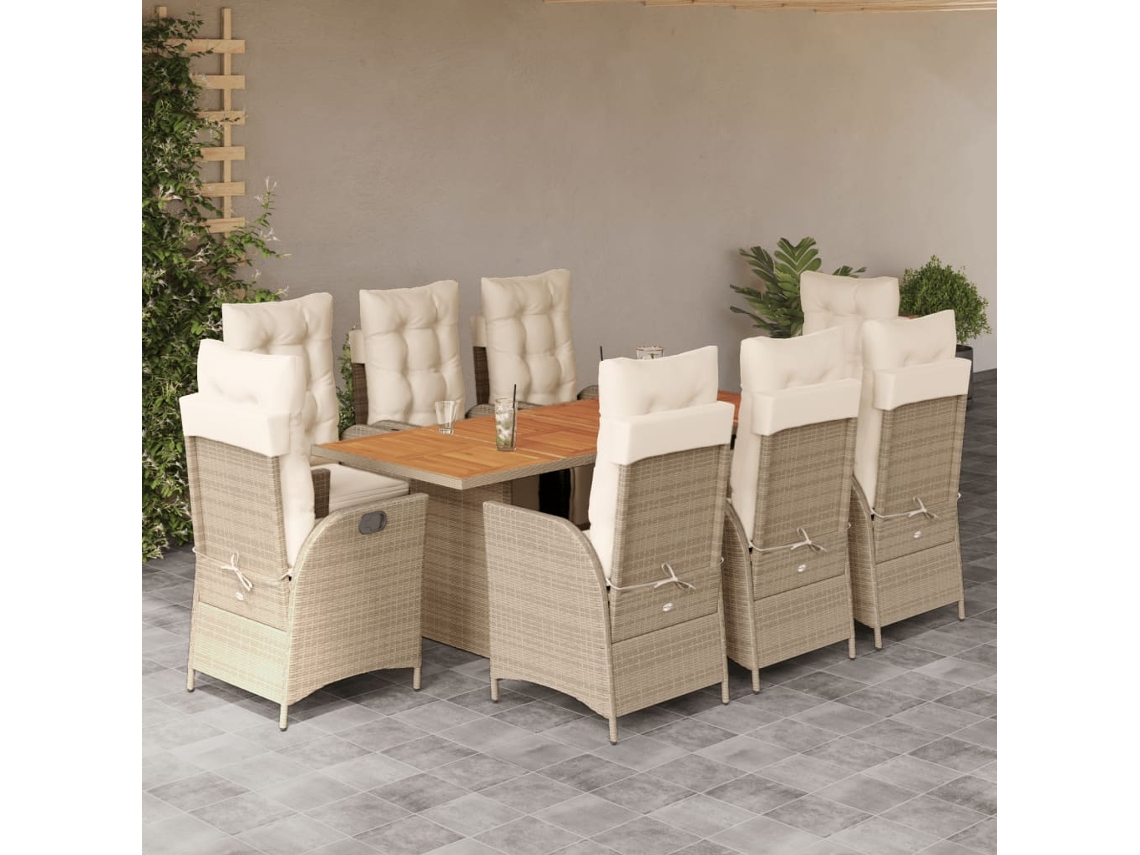 Conjunto 9 Peças Jantar P/ Jardim Com Almofadões Vime Pe Bege Dkd Home Decor