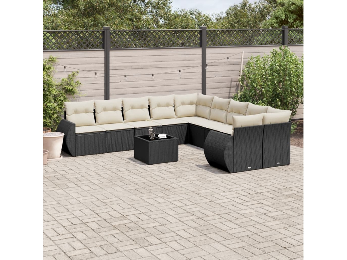 Vidaxl 11 Pcs Conjunto Sofás De Jardim C/ Almofadões Vime Pe Preto