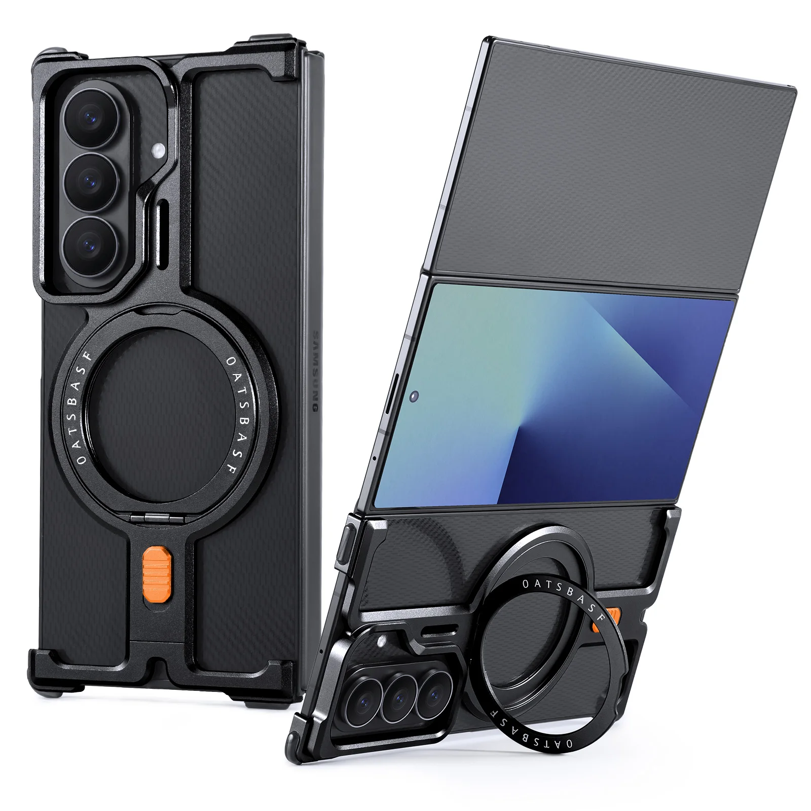 Capa Tripla De Metal Para Celular (samsung Galaxy Z Preta) Com Suporte De Anel Giratório De 360°