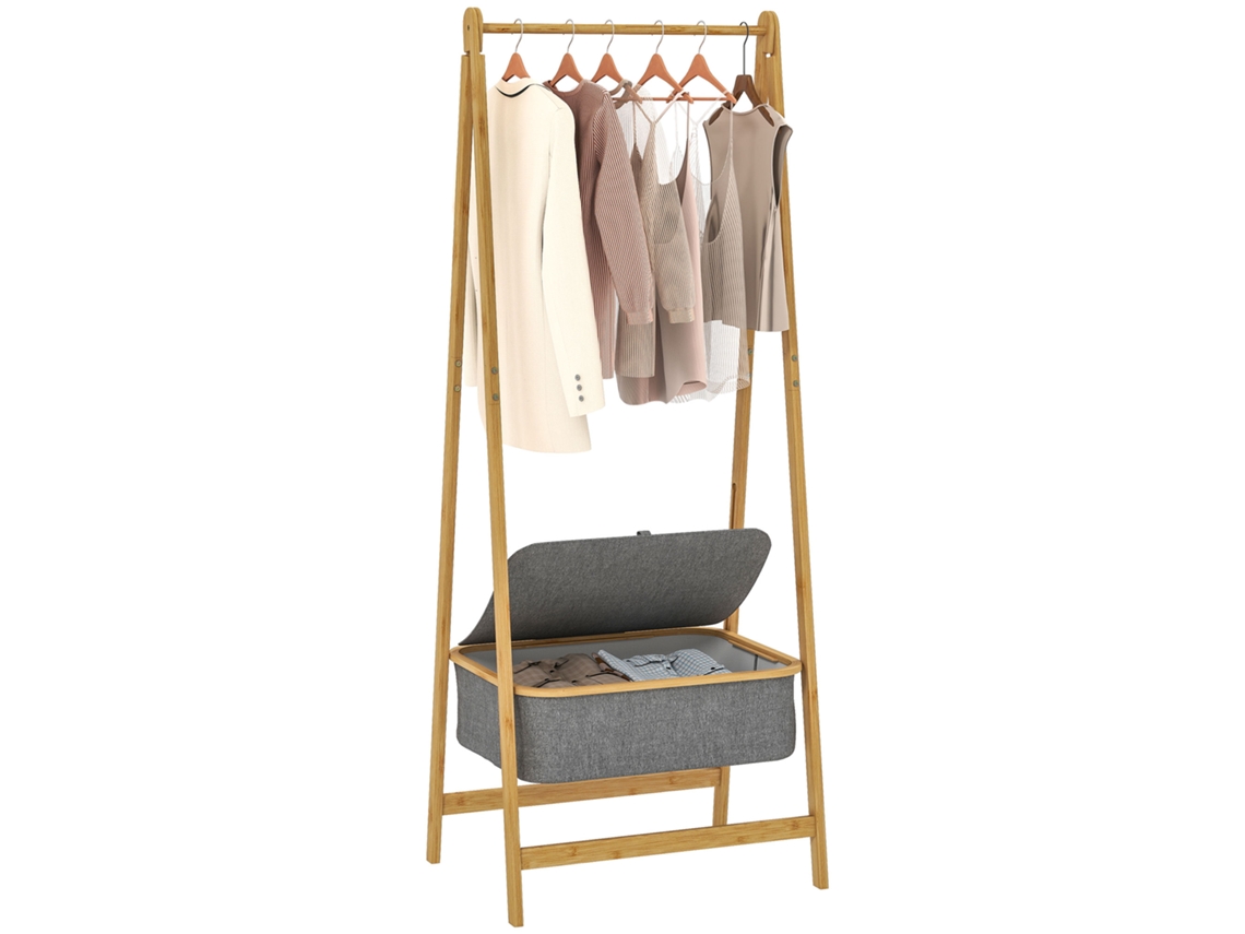 Suporte para Cabides Bambu e Poliéster Cor Madeira e Cinzento 60x44,5x157,5 cm Homcom