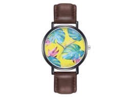 Relógio de pulso unissex Zhoulianfa com pulseira de couro PU, estampa de folhas coloridas e cor café.