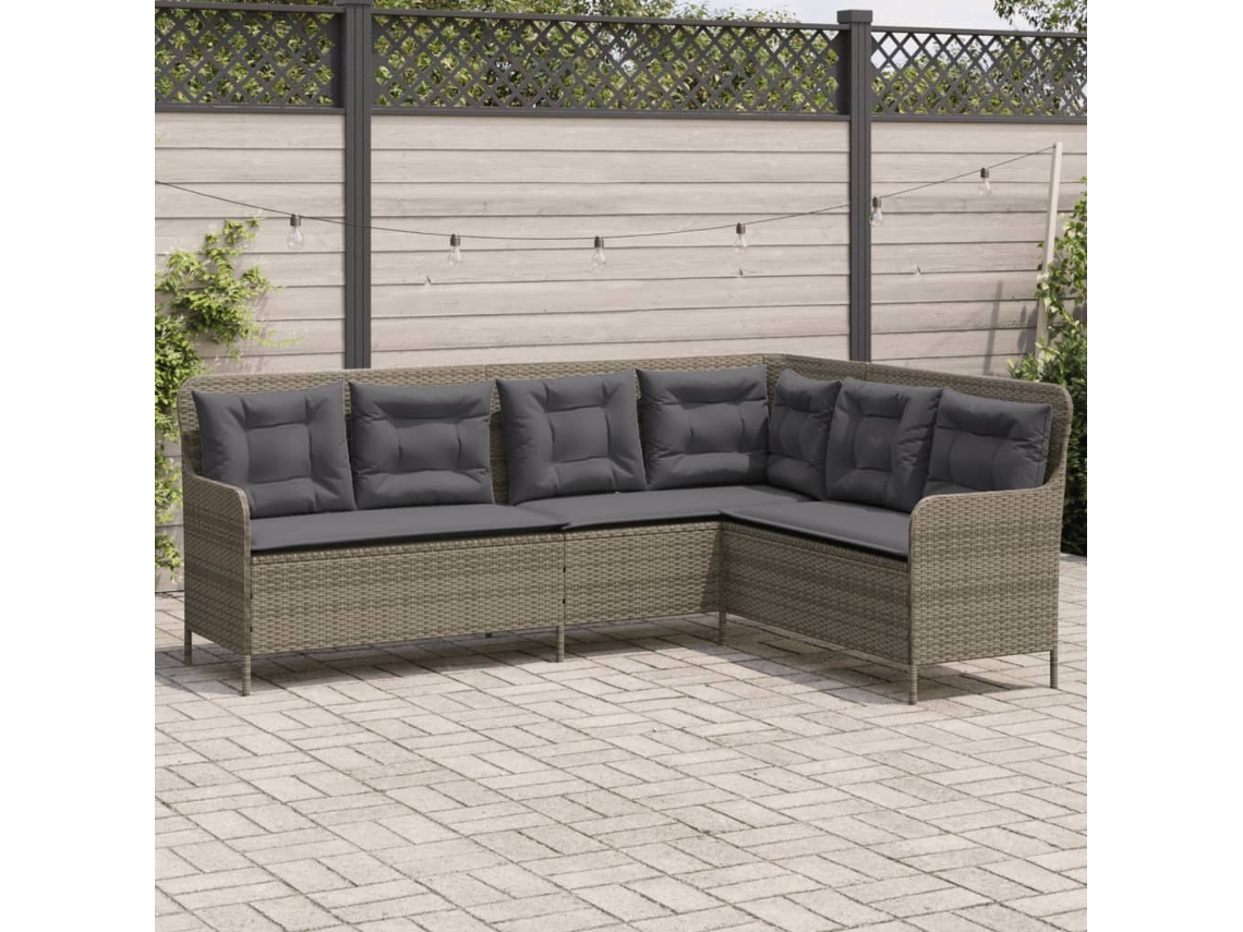Vidaxl Sofá De Jardim Em Forma De L Com Almofadões Vime Pe Cinzento
