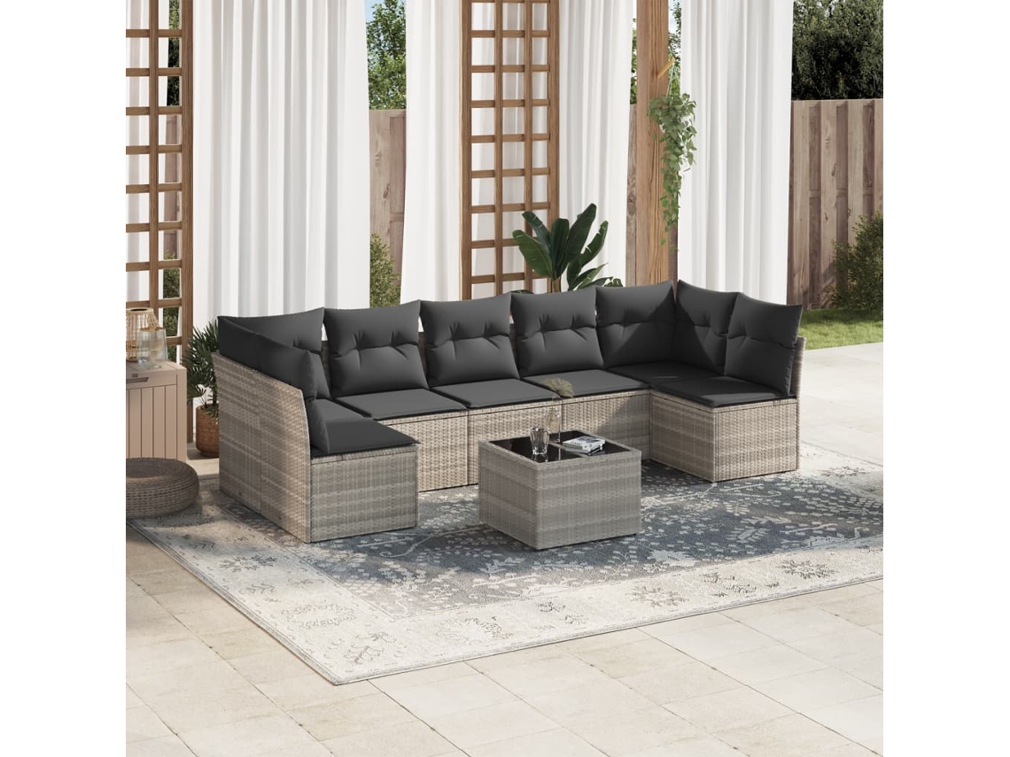 Vidaxl 8 Pcs Conj. Sofás Jardim C/ Almofadões Vime Pe Cinzento-claro
