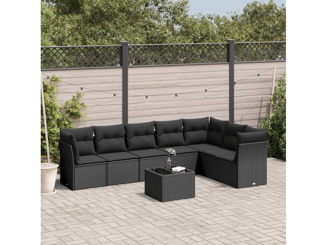 Vidaxl 8 Pcs Conjunto Sofás De Jardim Com Almofadões Vime Pe Preto