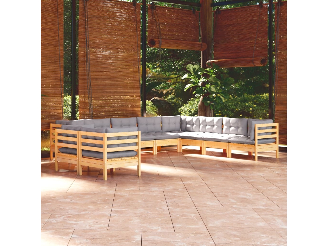 10pcs Conjunto Lounge De Jardim Almofadões Cinza Pinho Maciço Dkd Home Decor