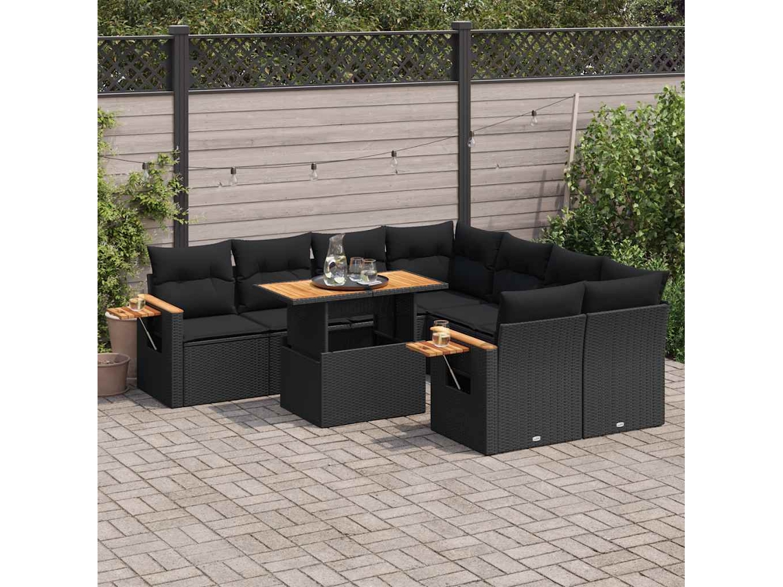 Vidaxl 9 Pcs Conjunto Sofás P/ Jardim Almofadões Vime Pe/acácia Preto