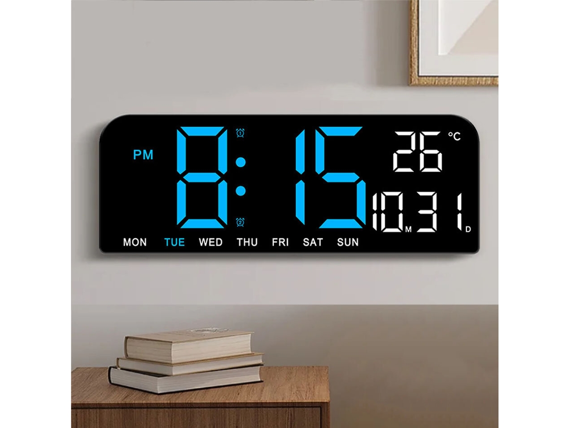 Verde Nº9'' Relógio Parede Digital Grande Temperatura Data Dia Semana Cronômetro Contagem Regressiva Mesa Sensor Luz 2 Alarmes 12/24h Led MDUG