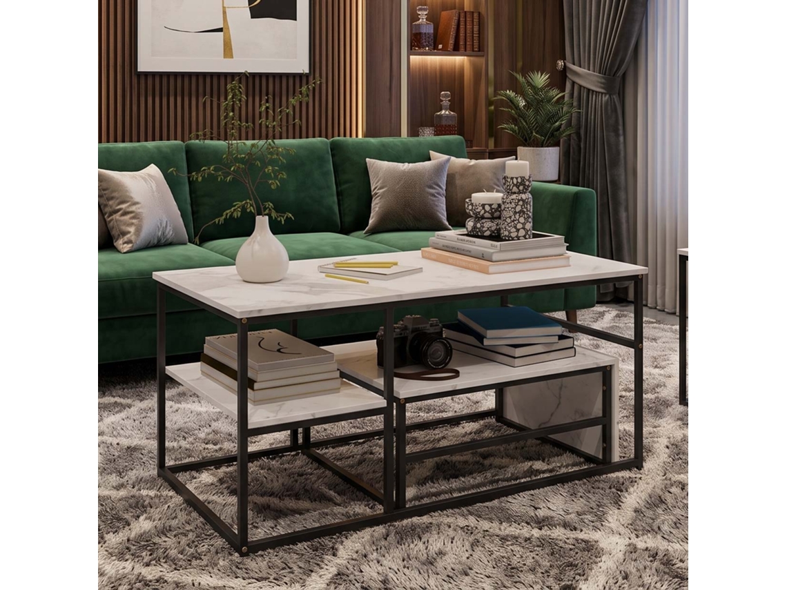 Lazyspace Mesa De Centro Ninho Efeito Mármore 105x52x48 Cm Conjunto De Mesas De Apoio Com Estrutura Metálica - Branco E Preto