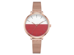 Relógio de Pulso Feminino Simples de Metal com Malha Ouro Rosa e Esfera Vermelha