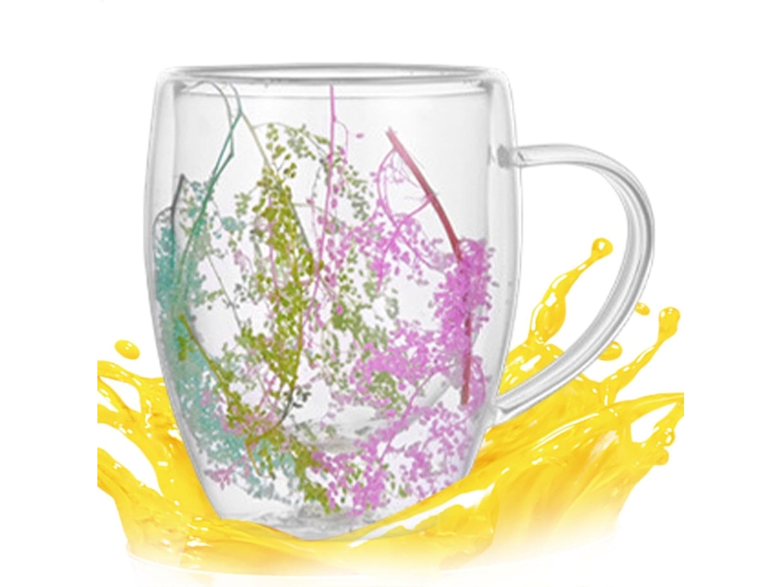 Caneca De Café Com Flores Secas, 350ml, Vidro De Parede Dupla