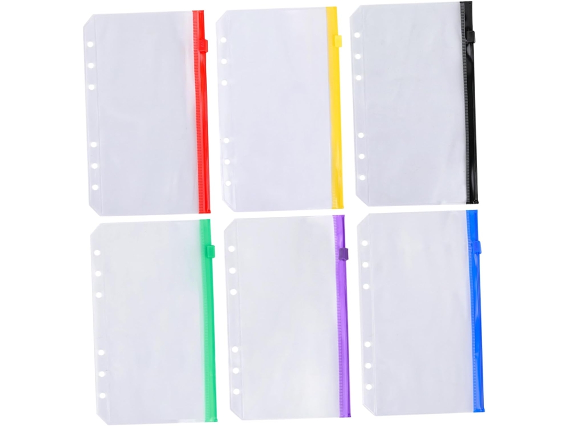 Organizador de Arquivos Com 6 Sacos com Zíper Para Massa A6, Em PVC Fosco, Colorido Marrom, Vermelho, Roxo, Verde, Amarelo