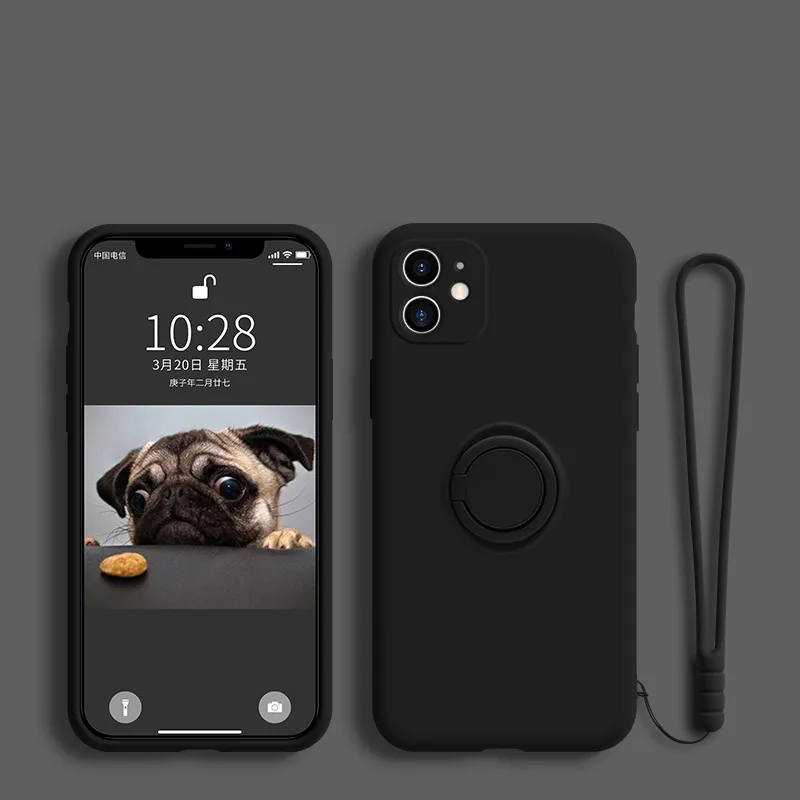 Capa De Silicone Líquido Macio Para Iphone 11 Pro De 5,8 Polegadas (preta), Com Suporte, Anel E Alça De Pulso.