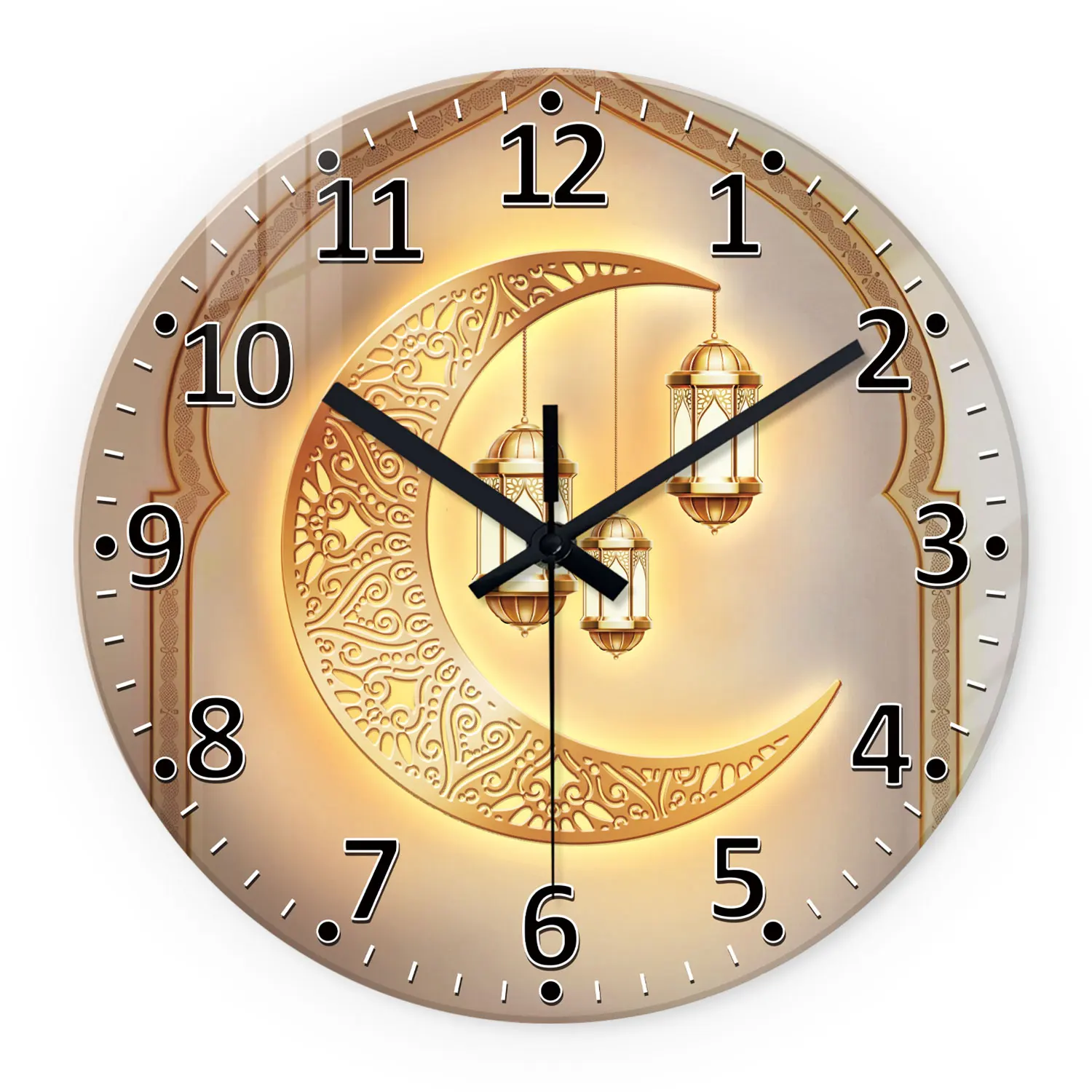 Relógio de parede luxuoso, moderno e minimalista, em formato de lanterna lunar dourada (30 cm) com mostrador de vidro temperado de 4 mm de espessura.