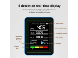 Medidor de qualidade do ar 5 em 1 TVOC HCHO Temperatura Umidade CO2, detector de CO2 recarregável USB Preto Slowmoose