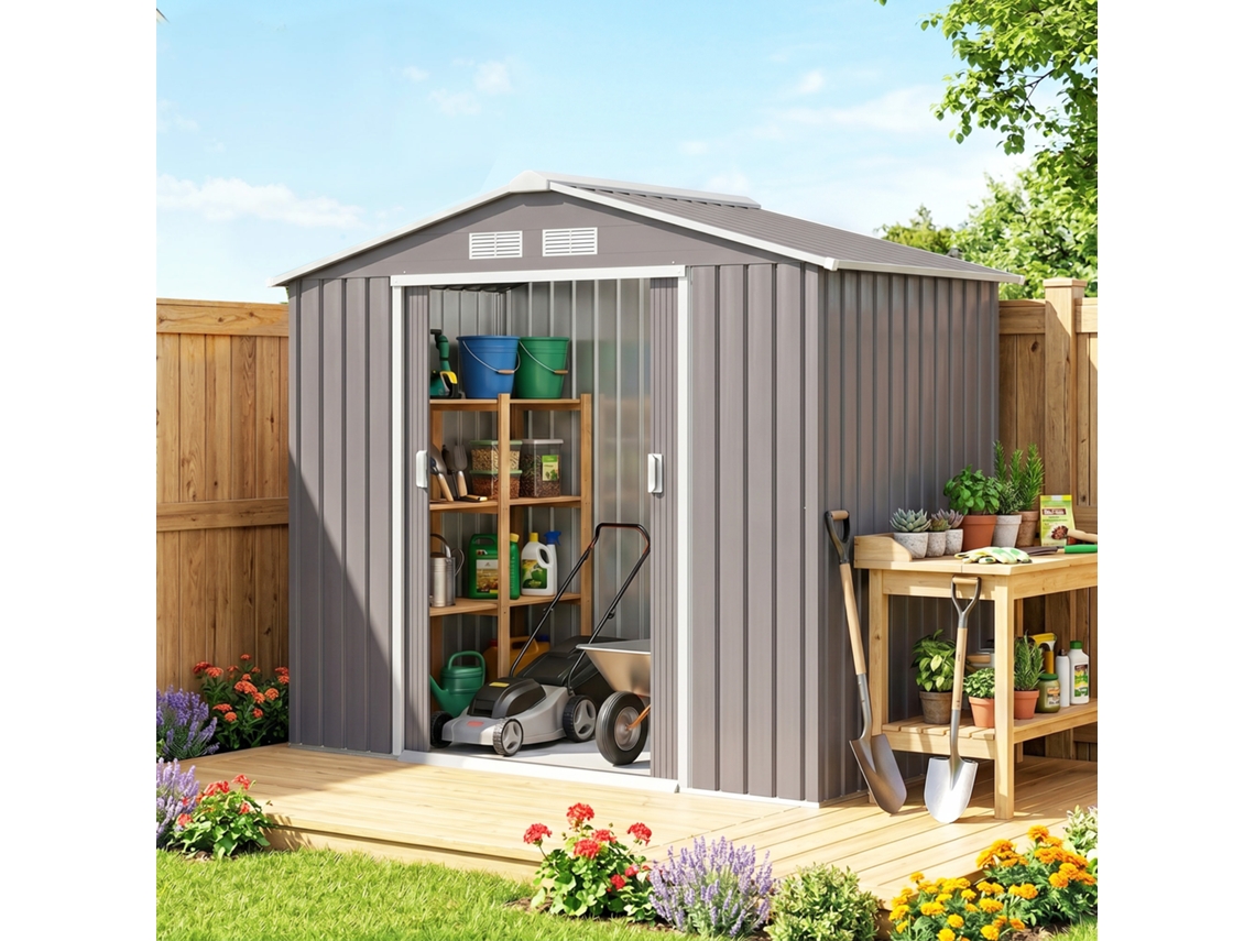 Galpão Metálico Externo Para Jardim, 213x130x185 Cm, Cinza - Ideal Para Armazenamento De Ferramentas
