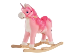 Cavalo de Balanço para Crianças de 36 a 72 Meses, Unicórnio Balançando com Sons de Madeira e Pelúcia Rosa, 74x33x62cm