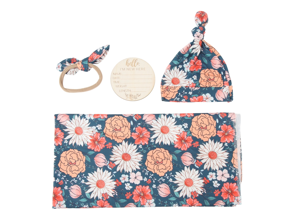 Mali conjunto 4 Peças de Cobertor de Recebimento para Bebê com Tiara e Estampa Floral
