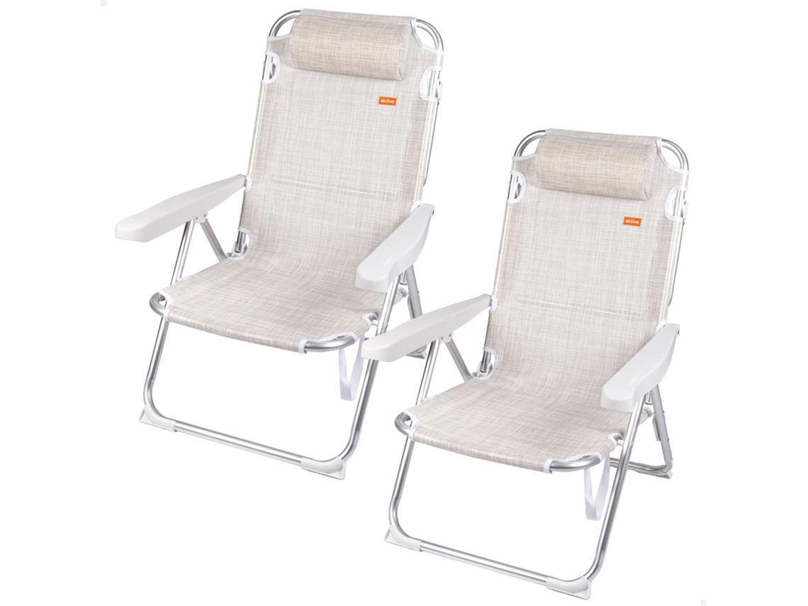 Pack De 2 Cadeiras De Praia Dobráveis Aktive, Reclináveis Em 5 Posições, Estrutura Em Alumínio, Com Almofada E Alça De Transporte, 48x60x90 Cm