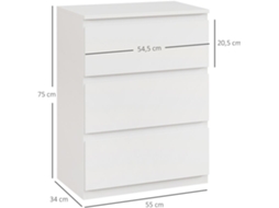 Cómoda com 3 Gavetas Melamina de Madeira Cor Branco de Alto Brilho 55x34x75 cm Homcom