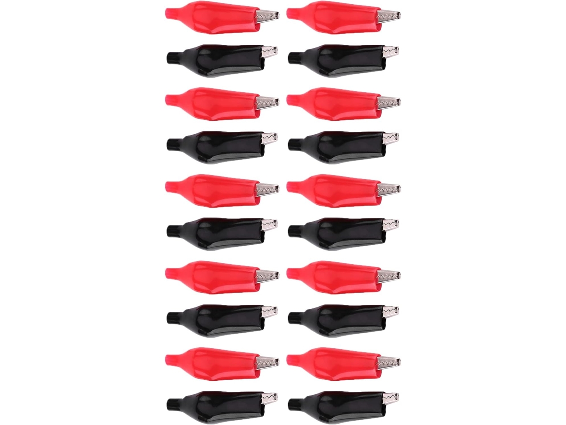 Conjunto Aramox com 20 garras Jacaré de 28 mm em PVC vermelho e branco para testes elétricos, laboratórios e escritórios.