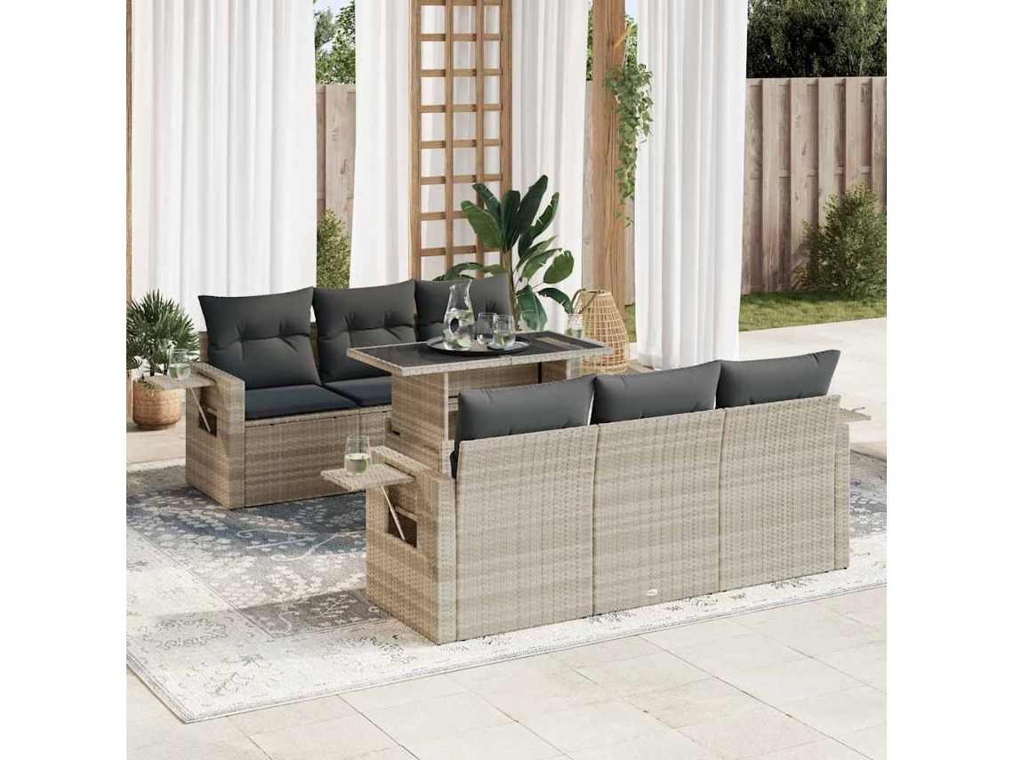 Vidaxl 7 Pcs Conj. Sofás Jardim Com Almofadões Vime Pe Cinzento-claro