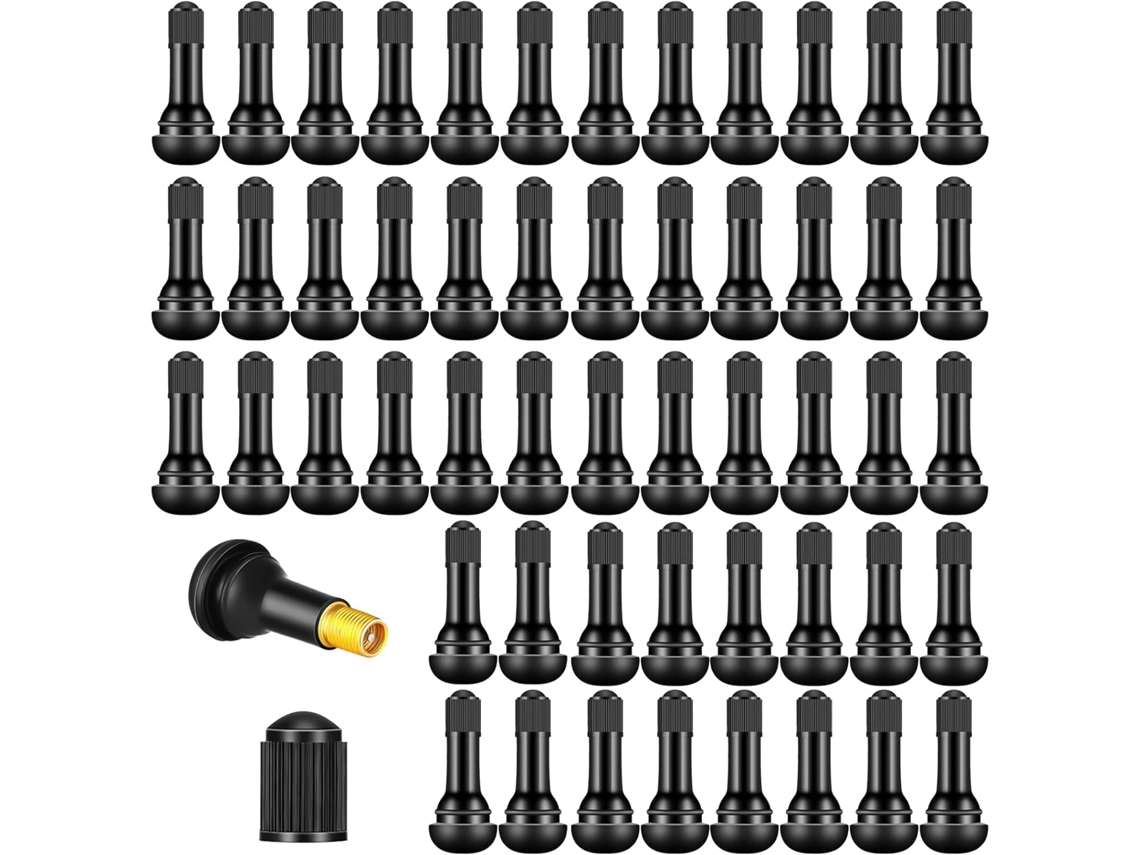 Conjunto de 50 válvulas de borracha TR414 para pneus, com encaixe rápido, compatíveis com aros tubeless, acessórios de reposição.