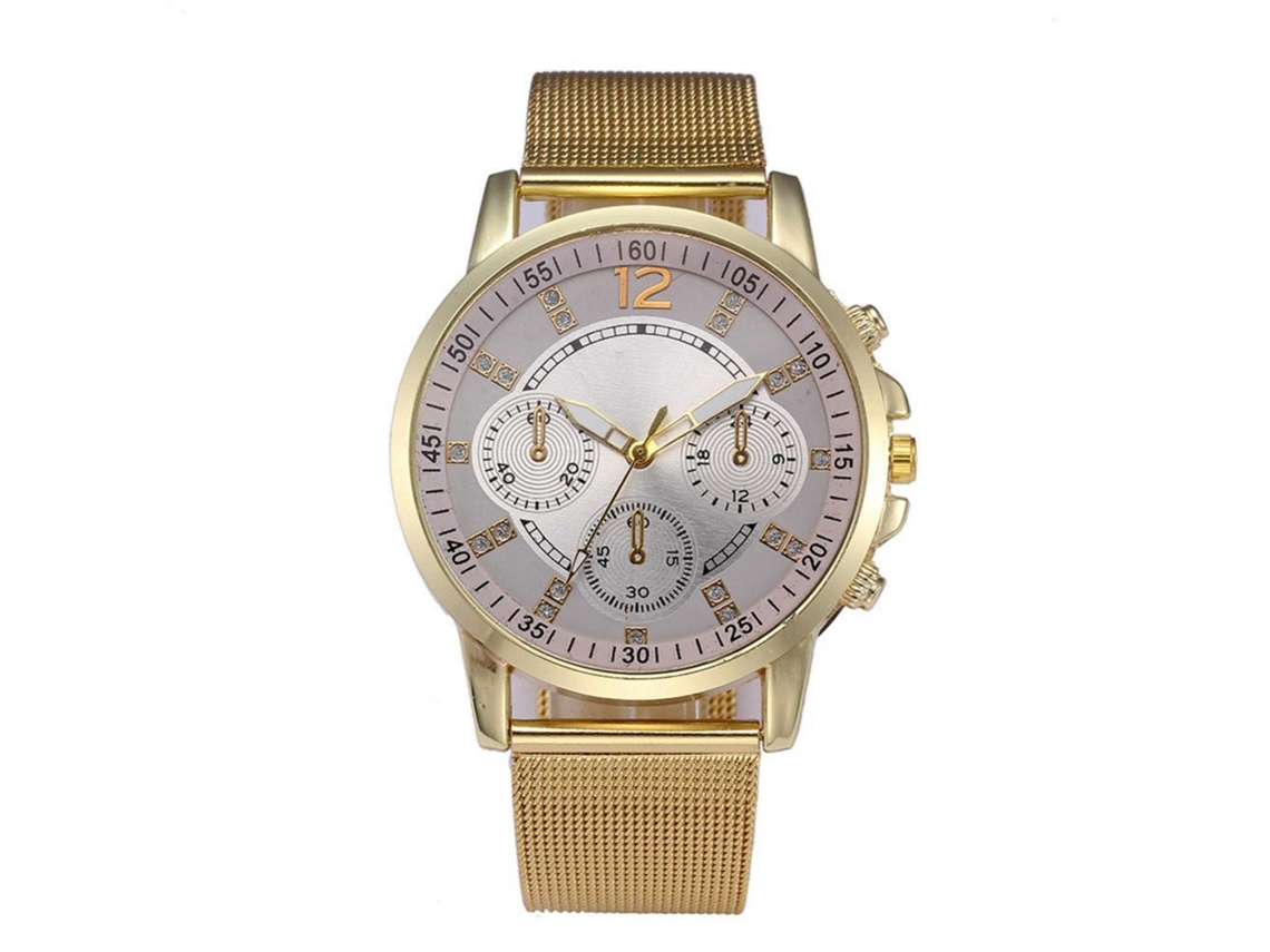 Reloj De Pulsera Unisex Con Cinta Dorada Y Dial Blanco De Tres Ojos Con Piedras Strass