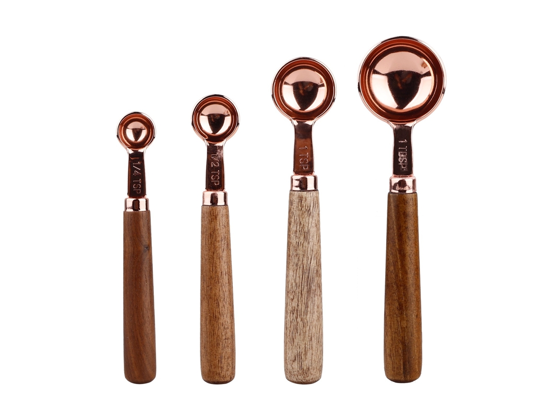 Conjunto De Colher Medidora Cobre Com Cabo Nogueira, 4 Peças, Copos Medidores Cozinha
