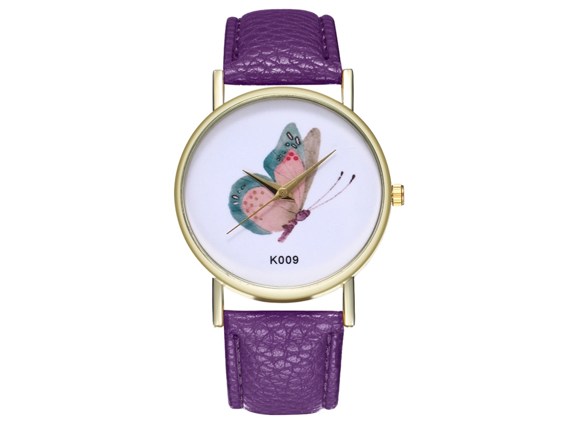 Relógio de pulso feminino com pulseira de couro, borboletas, quartzo, roxo.