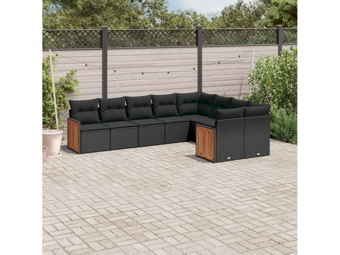 Vidaxl 9 Pcs Conjunto De Sofás P/ Jardim C/ Almofadões Vime Pe Preto