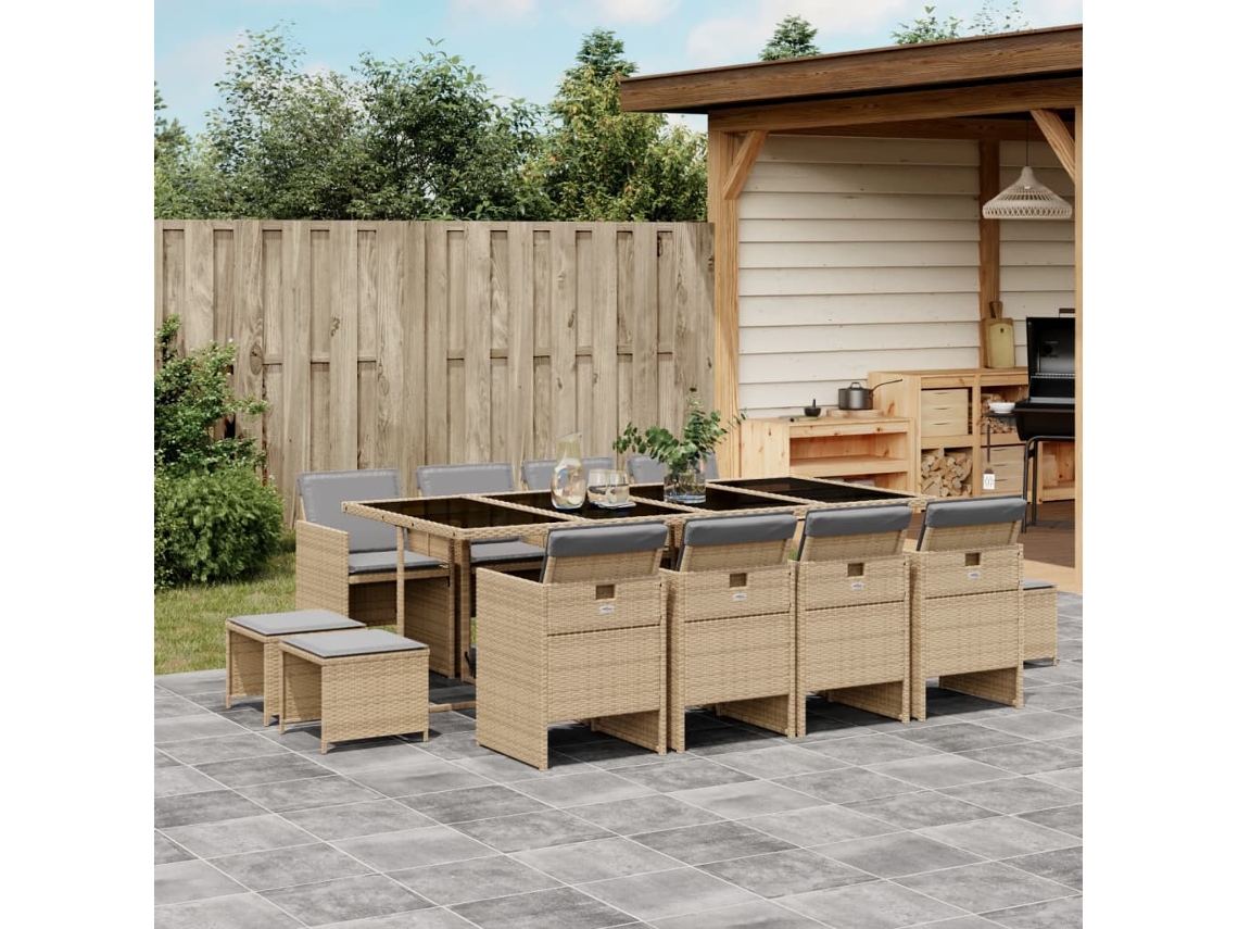Vidaxl 13 Pcs Conj. Jantar Jardim C/ Almofadões Vime Pe Bege Misturado