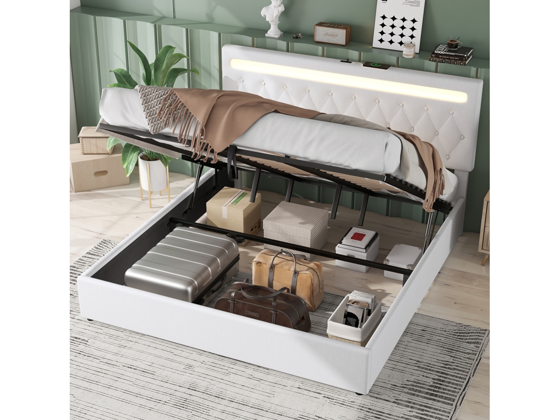 Cama estofada 180x200 cm com elevação hidráulica, LED multicolorido, USB, estrutura branca lisa VSOGA
