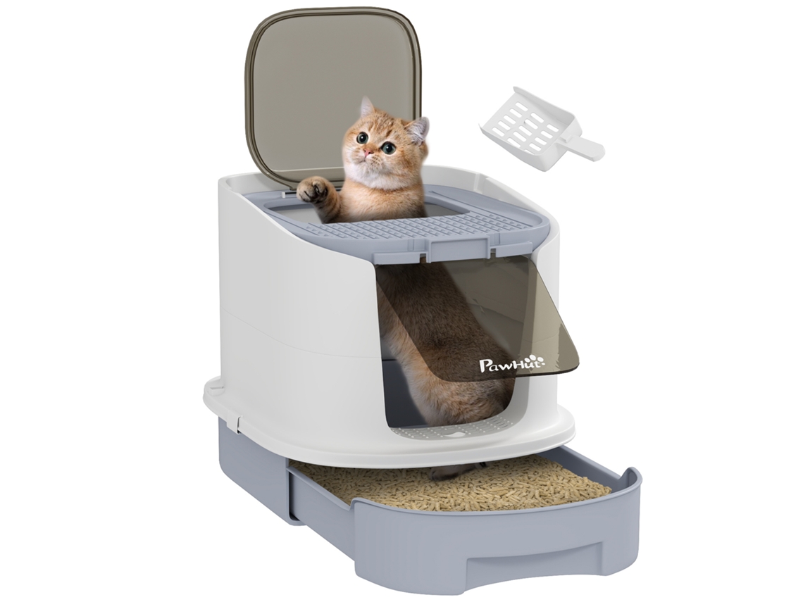 Caixa de Areia Fechada para Gatos com Entrada Frontal, Saída Superior, Bandeja Removível e Pá, 40,5 X 52,5 X 42,5 Cm, Branca e Cinza. ESSÊNCIACASA