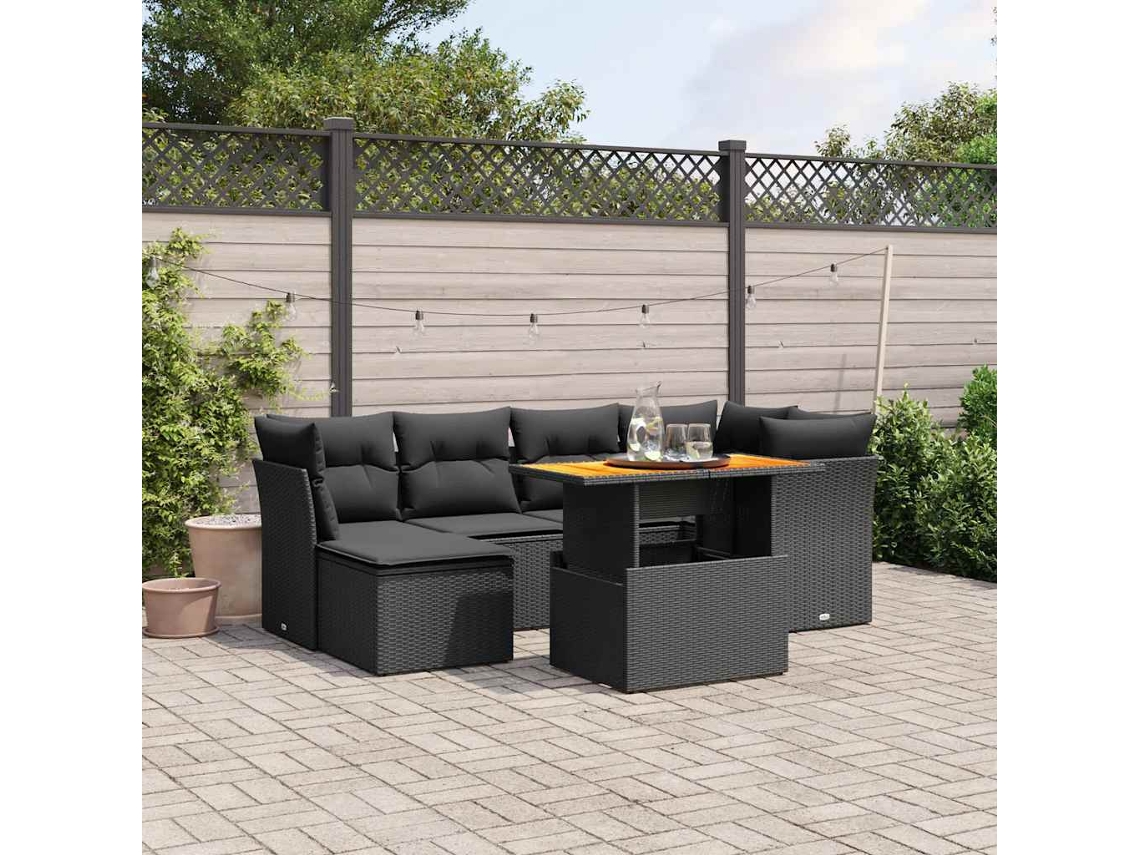 Vidaxl 7 Pcs Conjunto De Sofás P/ Jardim C/ Almofadões Vime Pe Preto