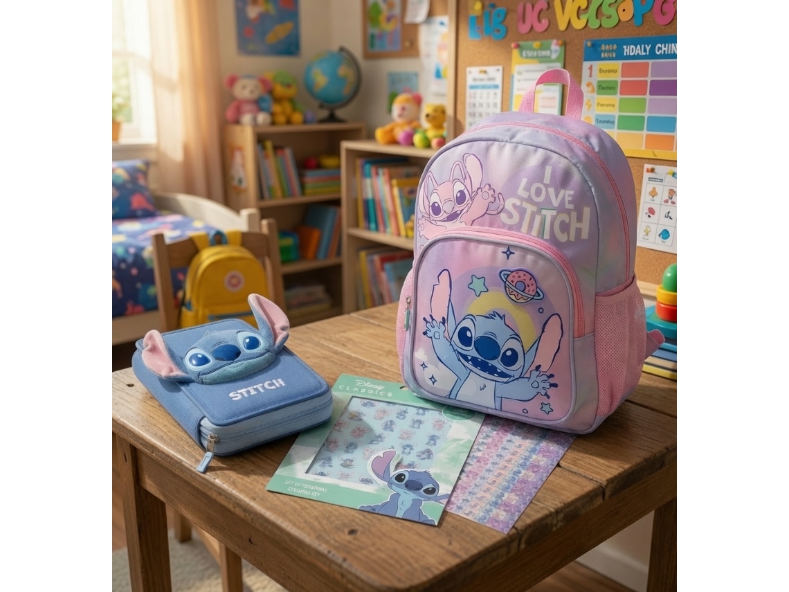 Conjunto Mochila 45cm E Estojo Escolar Stitch
