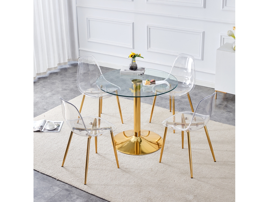 Conjunto Mesa Vidro 85cm 4 Cadeiras Plástico Transparente