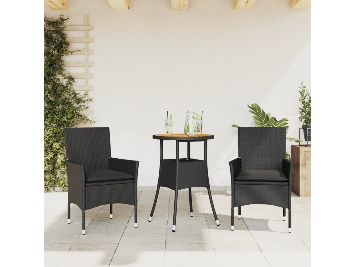3 Pcs Conjunto Jantar Jardim C/ Almofadões Vime Pe/acácia Preto Dkd Home Decor