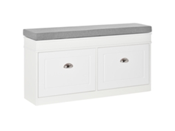 Banco de madeira para sapatos com almofada, 2 gavetas, prateleira ajustável, 104x24x55cm, branco ESSÊNCIACASA