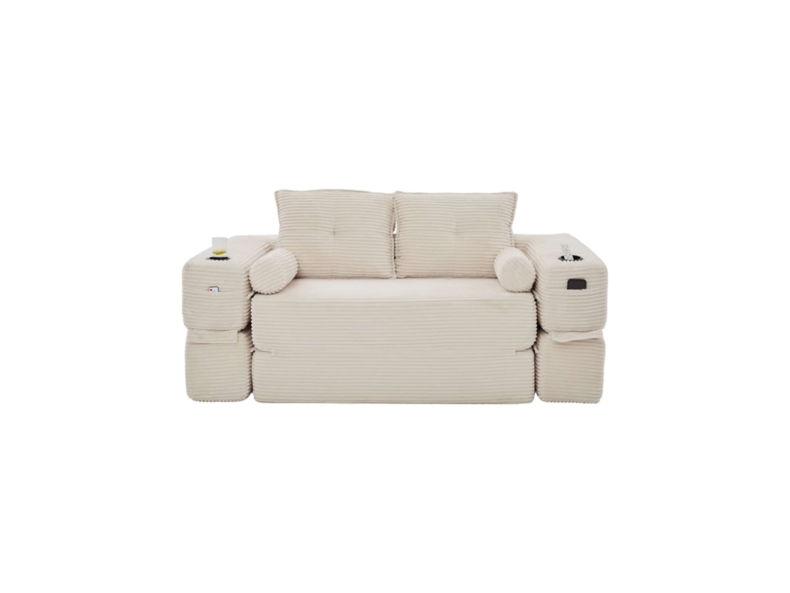 Sofá-cama De 2 Lugares - Em Veludo, Com Espuma De Alta Densidade, Molas, Almofadas Memory, Porta-copos E Bolsos Laterais - Bege