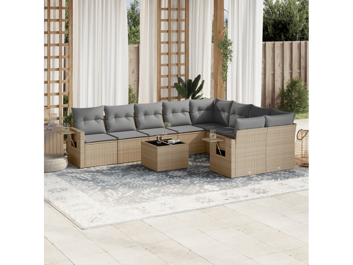 Vidaxl 10 Pcs Conjunto De Sofás P/ Jardim Com Almofadões Vime Pe Bege