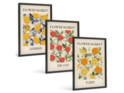 Conjunto De Pinturas Pôsteres Florais Em Cidades Espelharte (3 Peças 40x60 Cm)