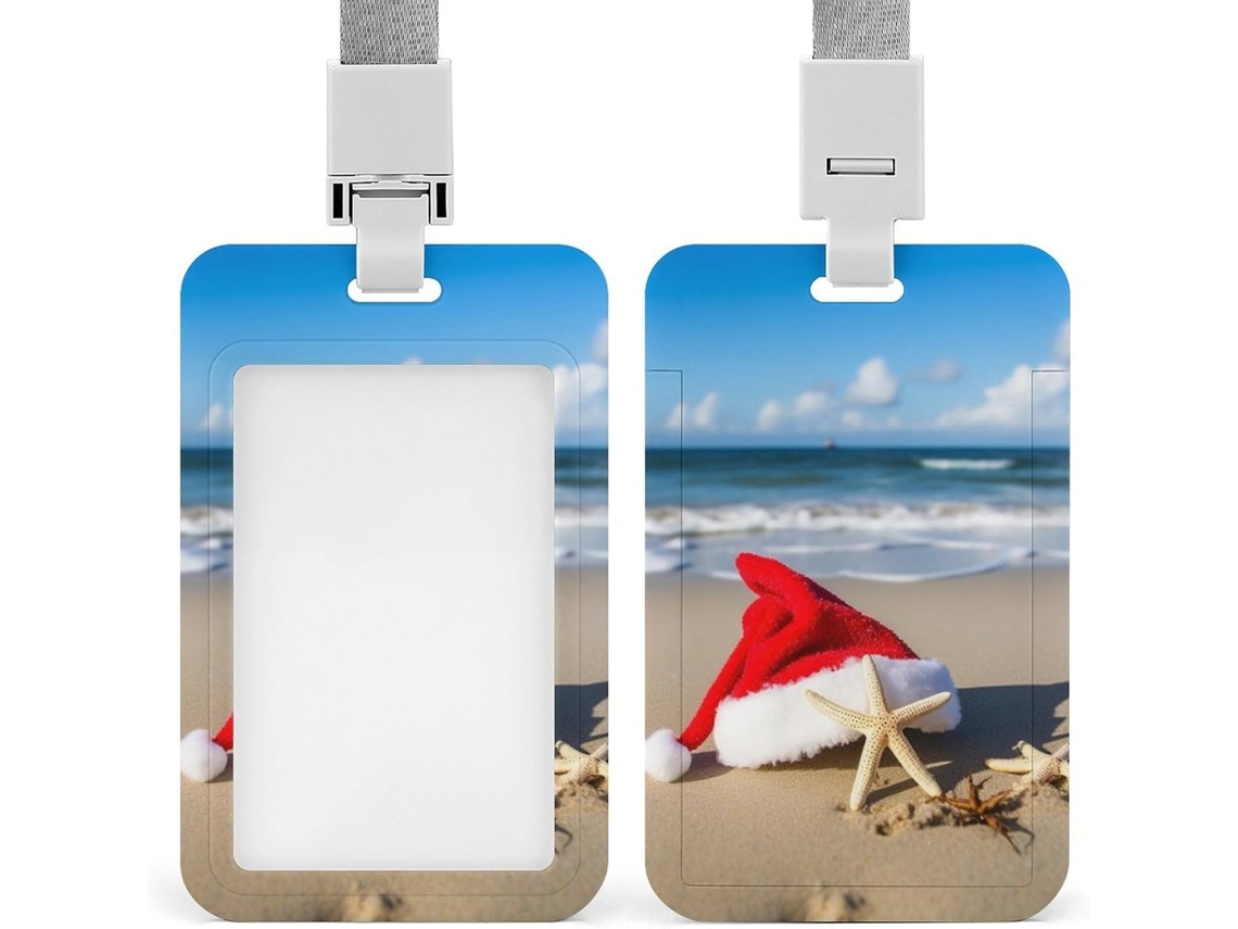 Porta Crachá À Prova D Água Com Papai Noel Na Praia E Estrela Do Mar, Com Janela Transparente Identificação,