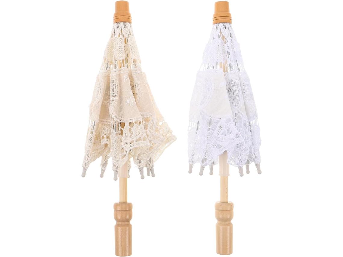 Conjunto de 2 Mini Guarda chuvas com Renda Bordada e Flores Brancas, com Cabo. SFUSHOS
