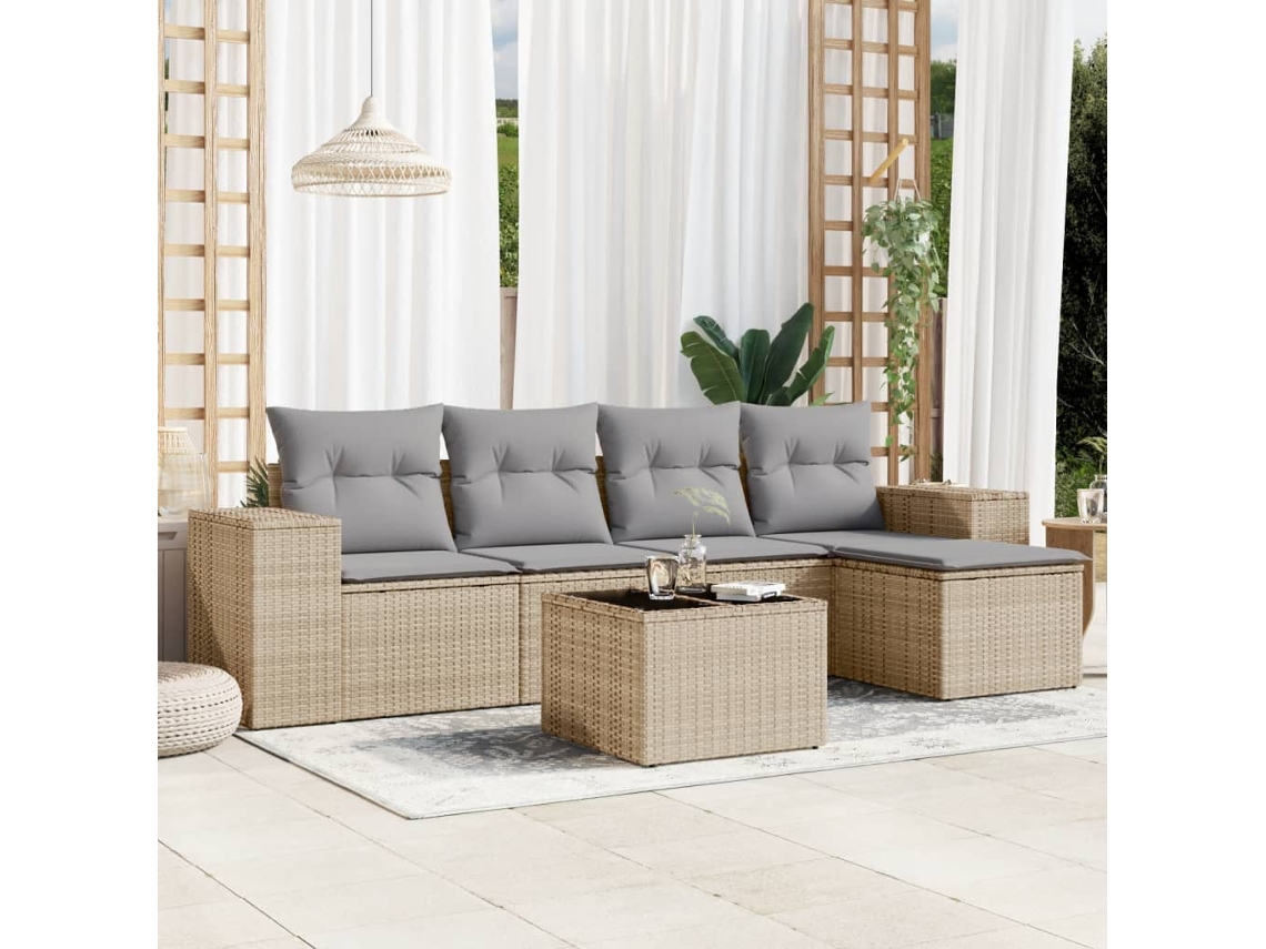Vidaxl 6 Pcs Conjunto De Sofás P/ Jardim Com Almofadões Vime Pe Bege